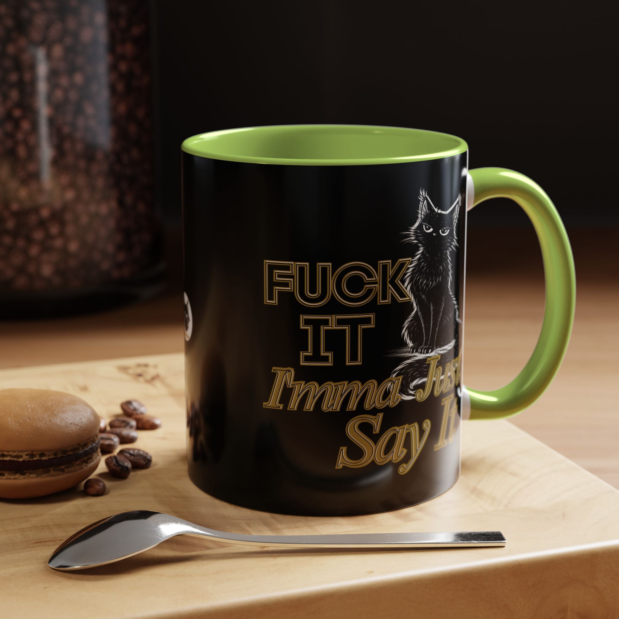 Funny Sarcastic Cat Accent Coffee Mug - Fuck It Imma Just Say It Black Cat Cup - 11oz 15oz Colored Handle Sassy Gift