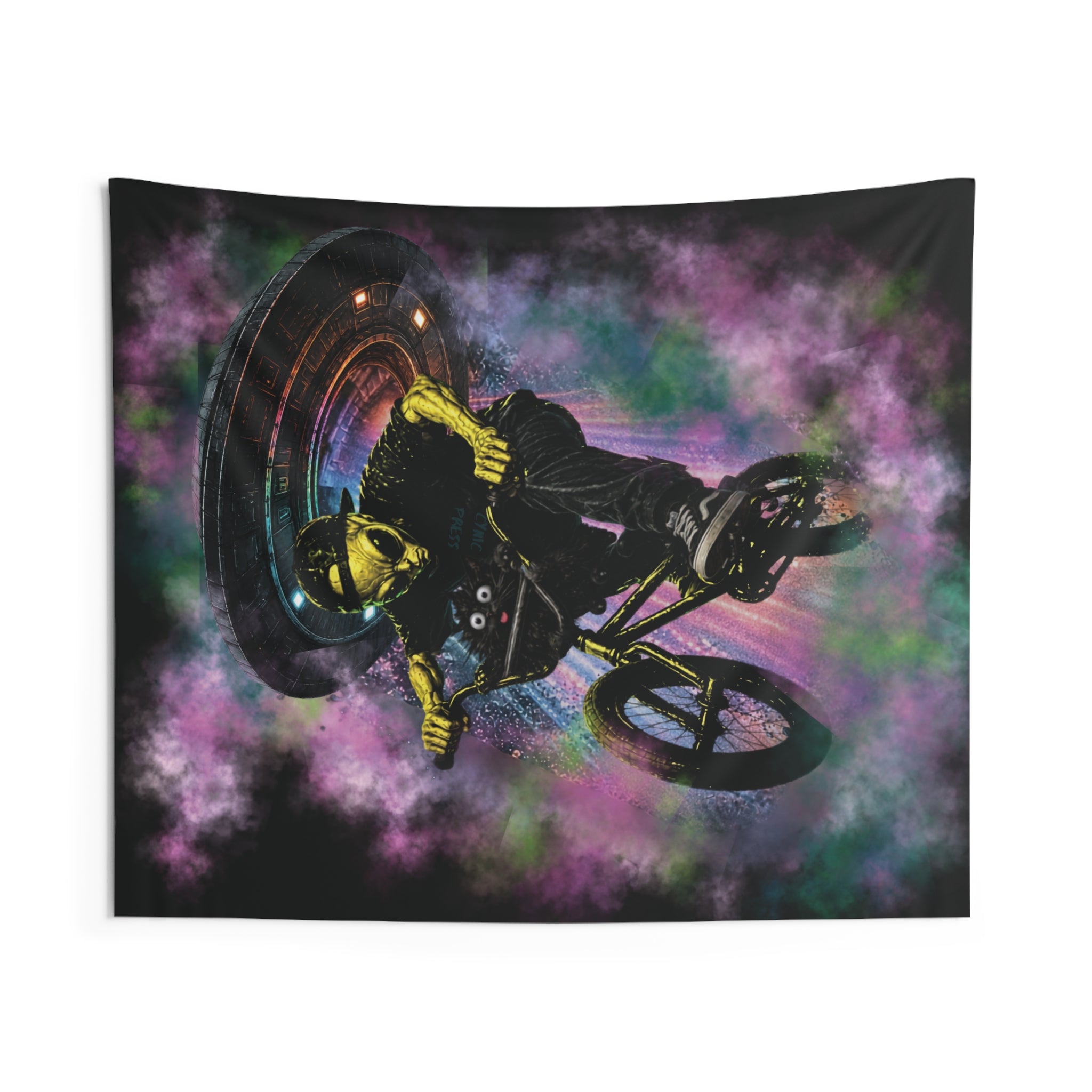 Space Cat & Alien Tapestry | UFO Adventure Wall Hanging | Cat & Friend Collection Decor BMX Alien Invasion Tapestry — Neon Skull Rider Wall Art
