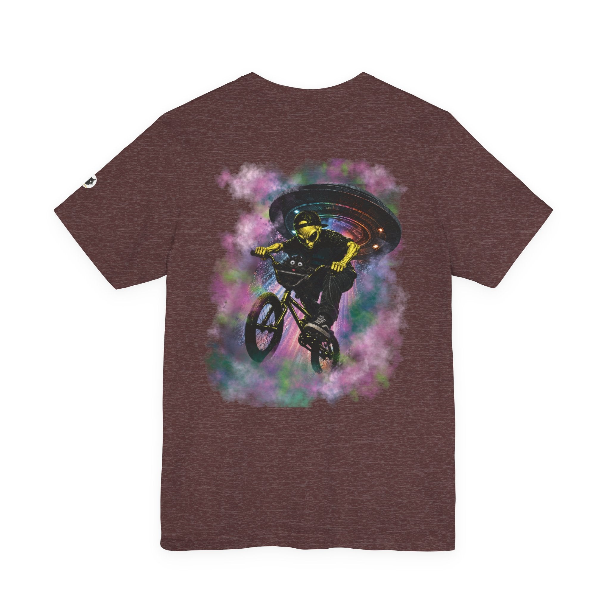Alien BMX Cat Graphic Tee | Retro UFO Streetwear Shirt | Vintage Black Heather Graphic T-Shirt | Cosmic Skate Punk Unisex Tee | The Cynic Press Official