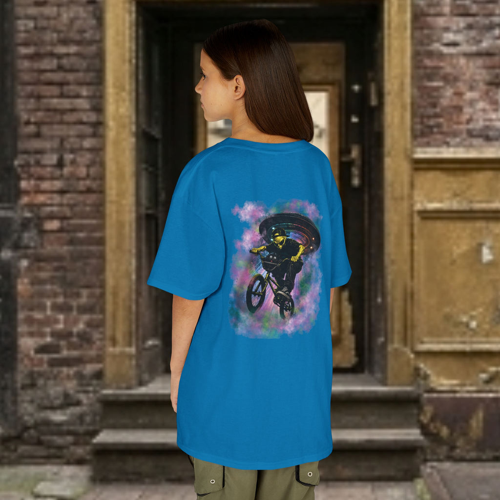 Kids Tee — Cat & Alien Friends Bike Ride with UFO Lights