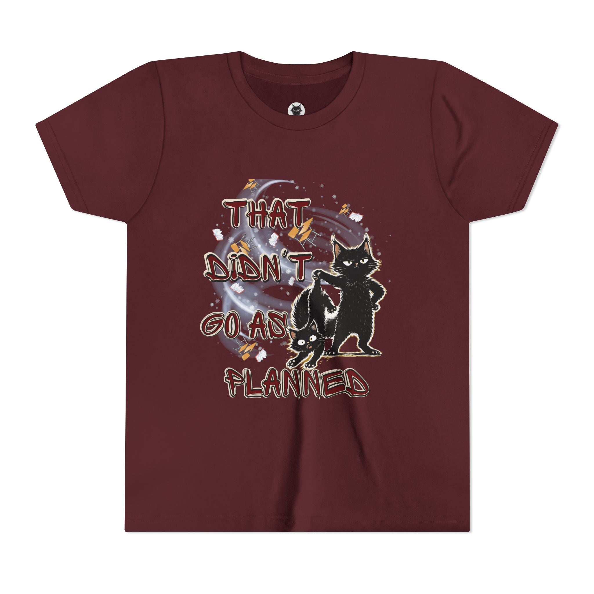 That Didn't Go As Planned Kids Graphic T-Shirt | Funny Black Cat Youth Tee | Cute Chaos Cat Shirt | Back to School Gift for Boys & Girls