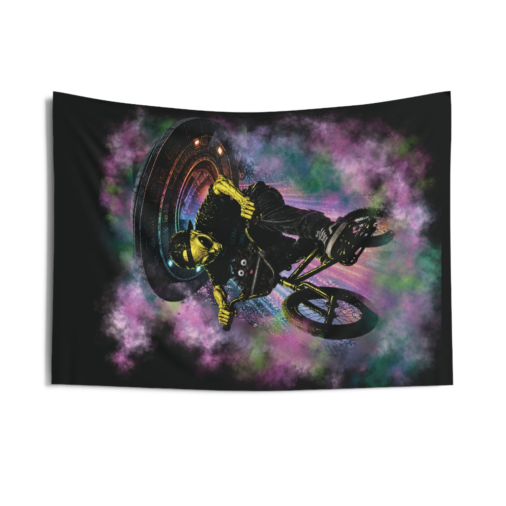 Space Cat & Alien Tapestry | UFO Adventure Wall Hanging | Cat & Friend Collection Decor BMX Alien Invasion Tapestry — Neon Skull Rider Wall Art