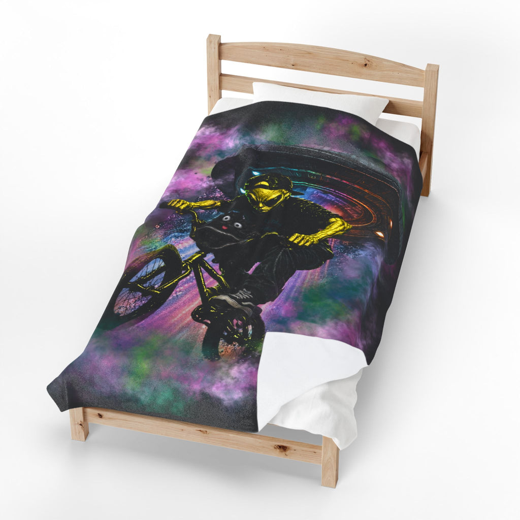 BMX Galaxy Velveteen Plush Blanket – Cosmic Extreme Sports Throw Blanket for Kids, Teens & BMX Riders