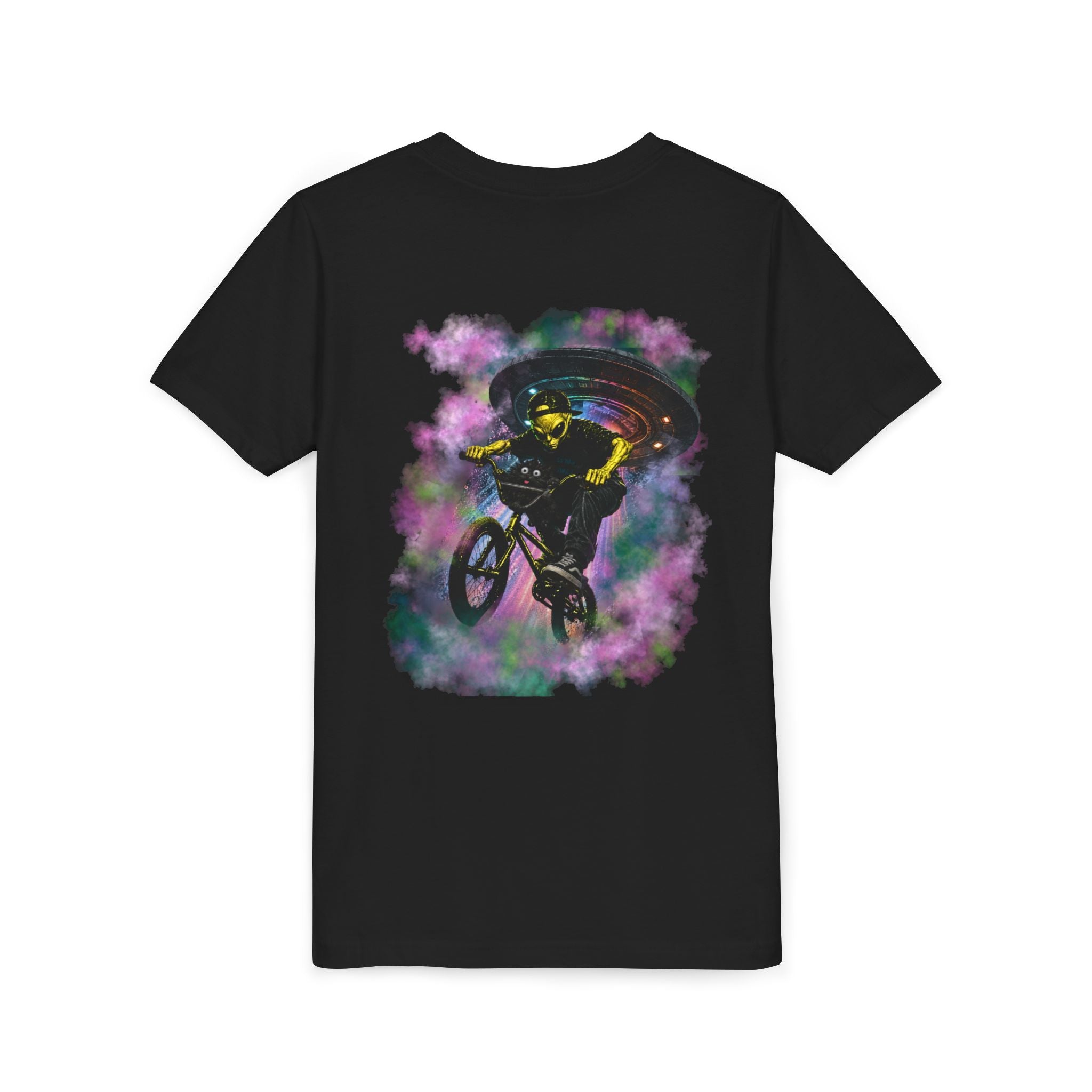 Cosmic Cruise: Jinx & Nova BMX Adventure Tee | Premium Youth Alien & Cat Graphic Shirt | Cool Kids Streetwear T-Shirt | Dual-Graphic Black T-Shirt | Youth BMX Rider Tee — Colorful Cosmic Bike Stunt T-...