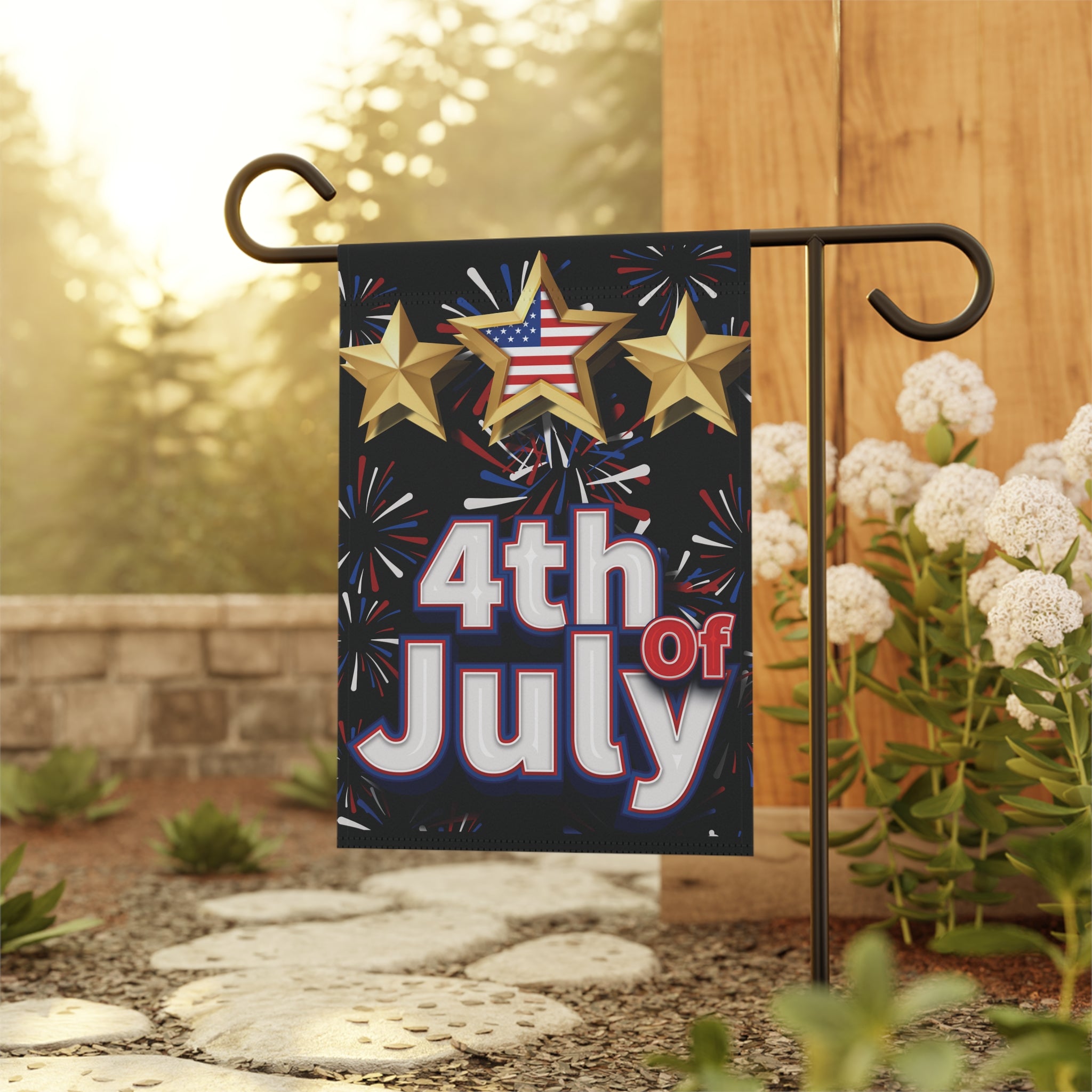 4th of July Garden Flag | Patriotic Stars & Fireworks Outdoor Yard Decor
