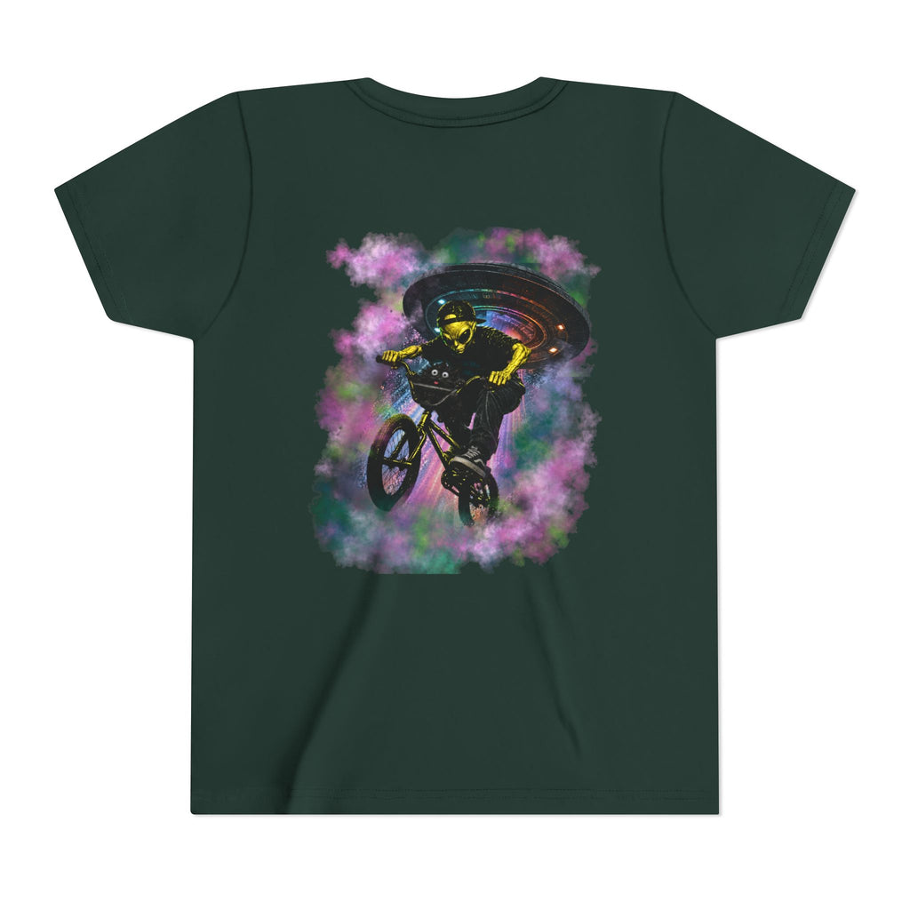 Cosmic Cruise: Jinx & Nova BMX Adventure Tee | Premium Youth Alien & Cat Graphic Shirt | Cool Kids Streetwear T-Shirt | Dual-Graphic Black T-Shirt | Youth BMX Rider Tee — Colorful Cosmic Bike Stunt T-...
