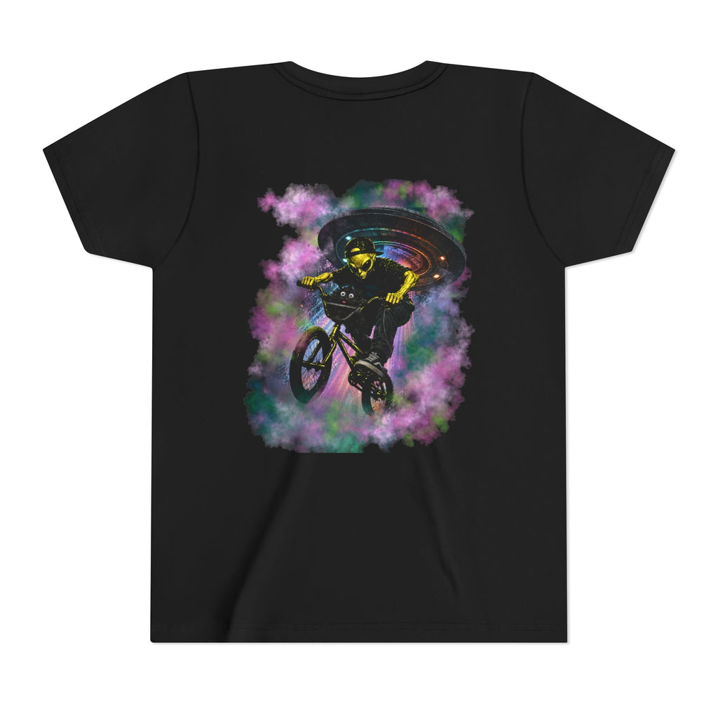 Cosmic Cruise: Jinx & Nova BMX Adventure Tee | Premium Youth Alien & Cat Graphic Shirt | Cool Kids Streetwear T-Shirt | Dual-Graphic Black T-Shirt | Youth BMX Rider Tee — Colorful Cosmic Bike Stunt T-...