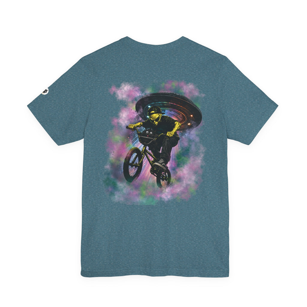 Alien BMX Cat Graphic Tee | Retro UFO Streetwear Shirt | Vintage Black Heather Graphic T-Shirt | Cosmic Skate Punk Unisex Tee | The Cynic Press Official