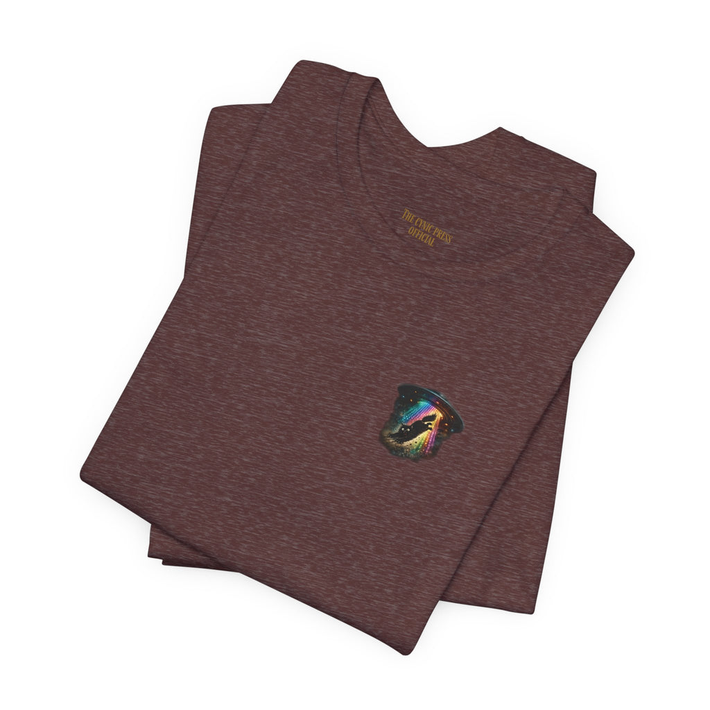 Alien BMX Cat Graphic Tee | Retro UFO Streetwear Shirt | Vintage Black Heather Graphic T-Shirt | Cosmic Skate Punk Unisex Tee | The Cynic Press Official