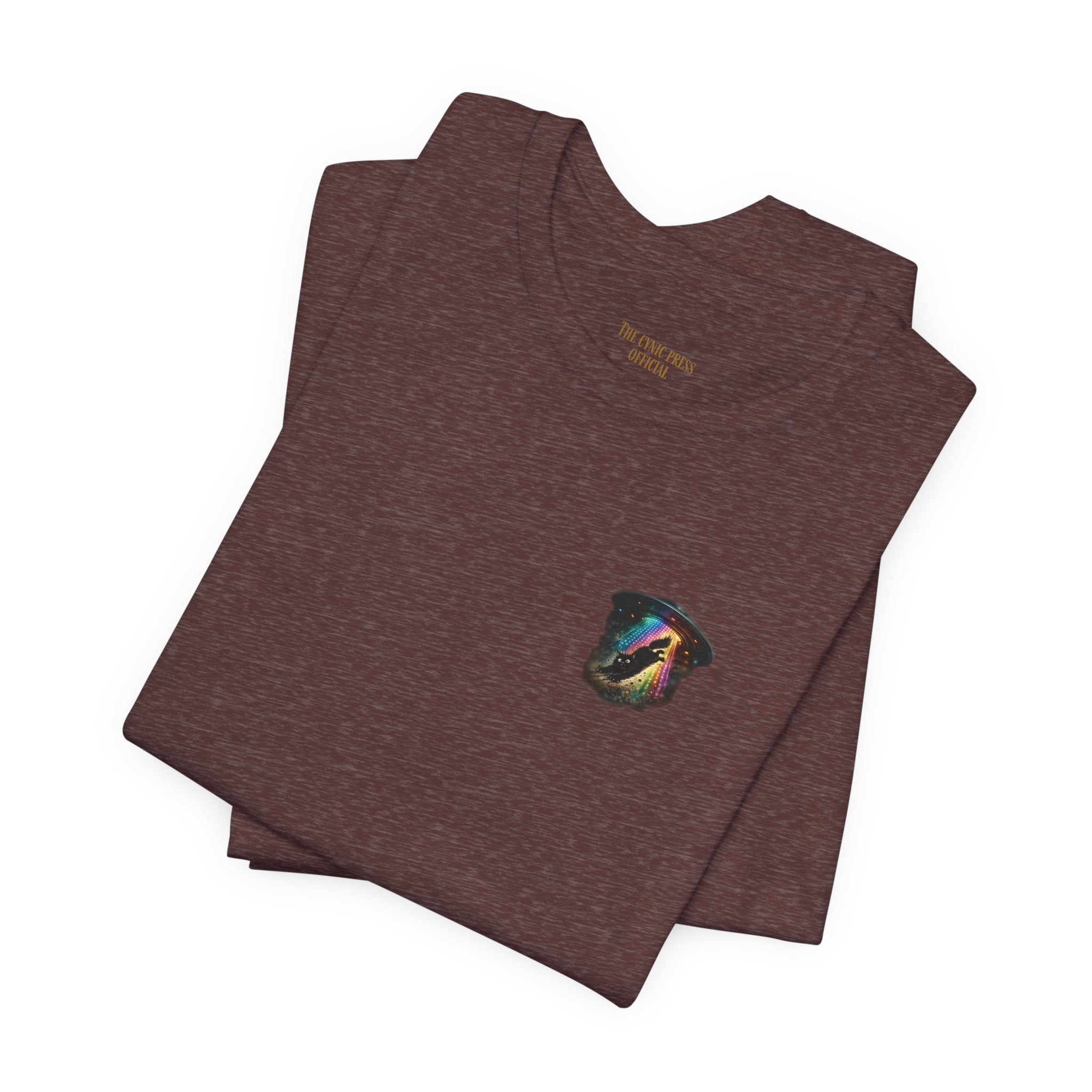 Alien BMX Cat Graphic Tee | Retro UFO Streetwear Shirt | Vintage Black Heather Graphic T-Shirt | Cosmic Skate Punk Unisex Tee | The Cynic Press Official