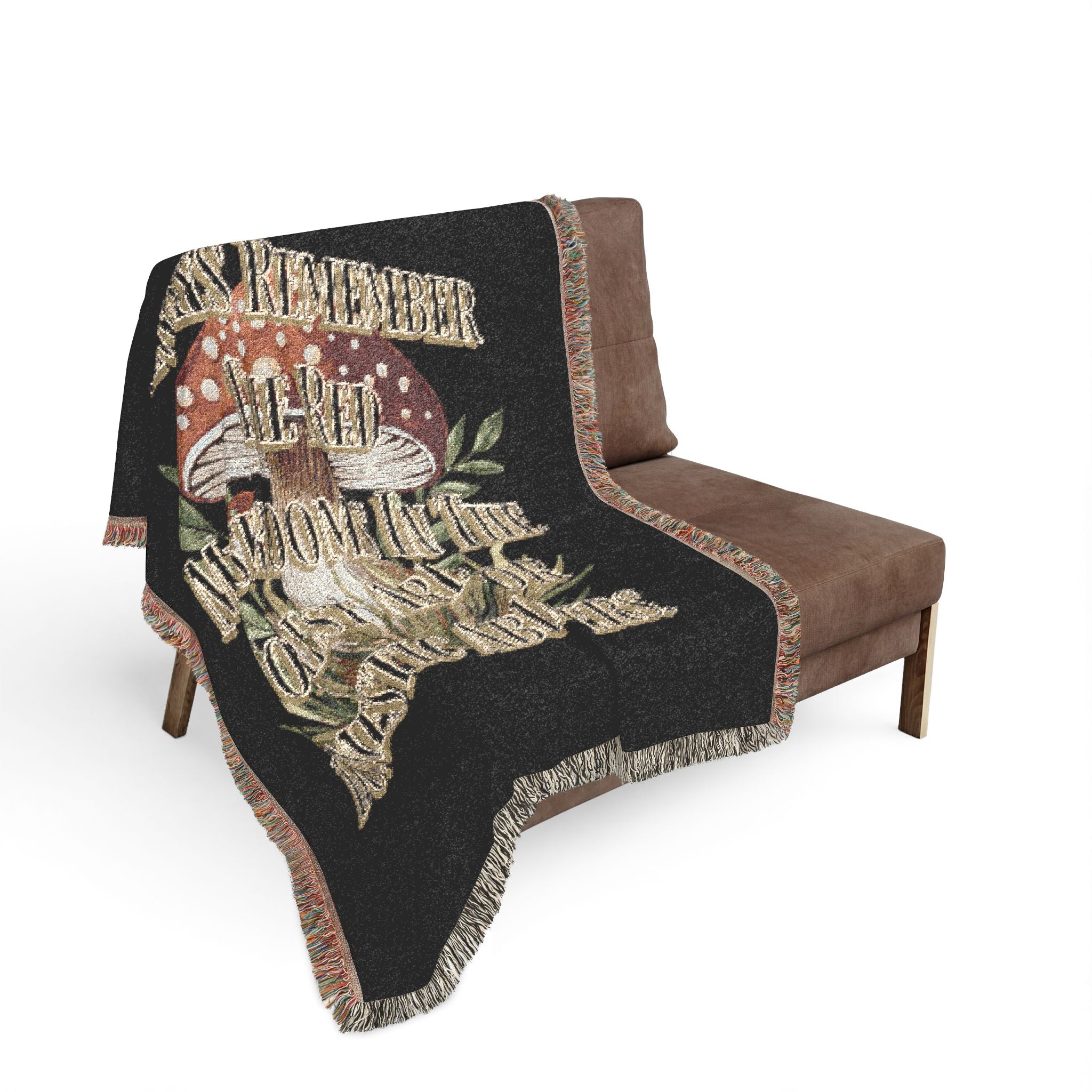 Mushroom Foraging Woven Blanket — Cozy Botanical Toadstool Throw