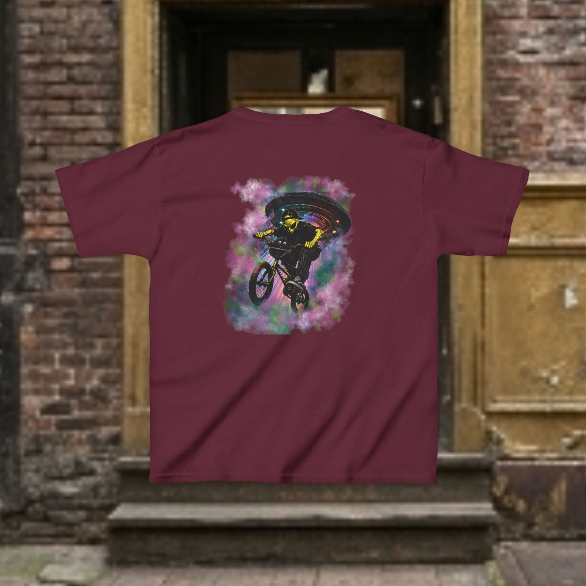Kids Tee — Cat & Alien Friends Bike Ride with UFO Lights