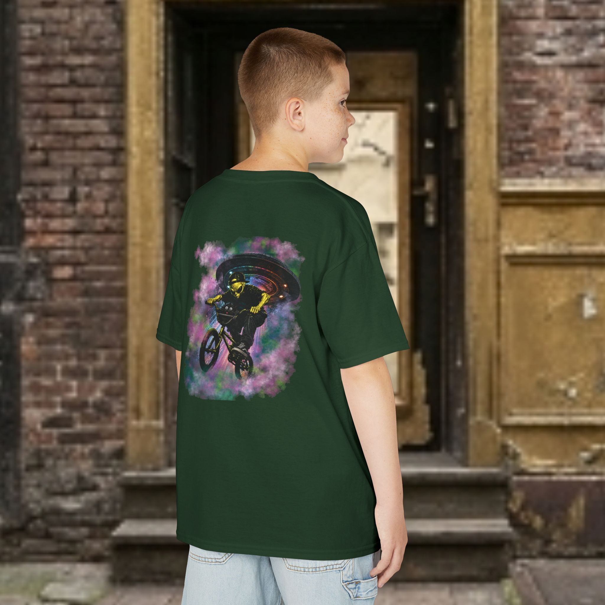 Kids Tee — Cat & Alien Friends Bike Ride with UFO Lights