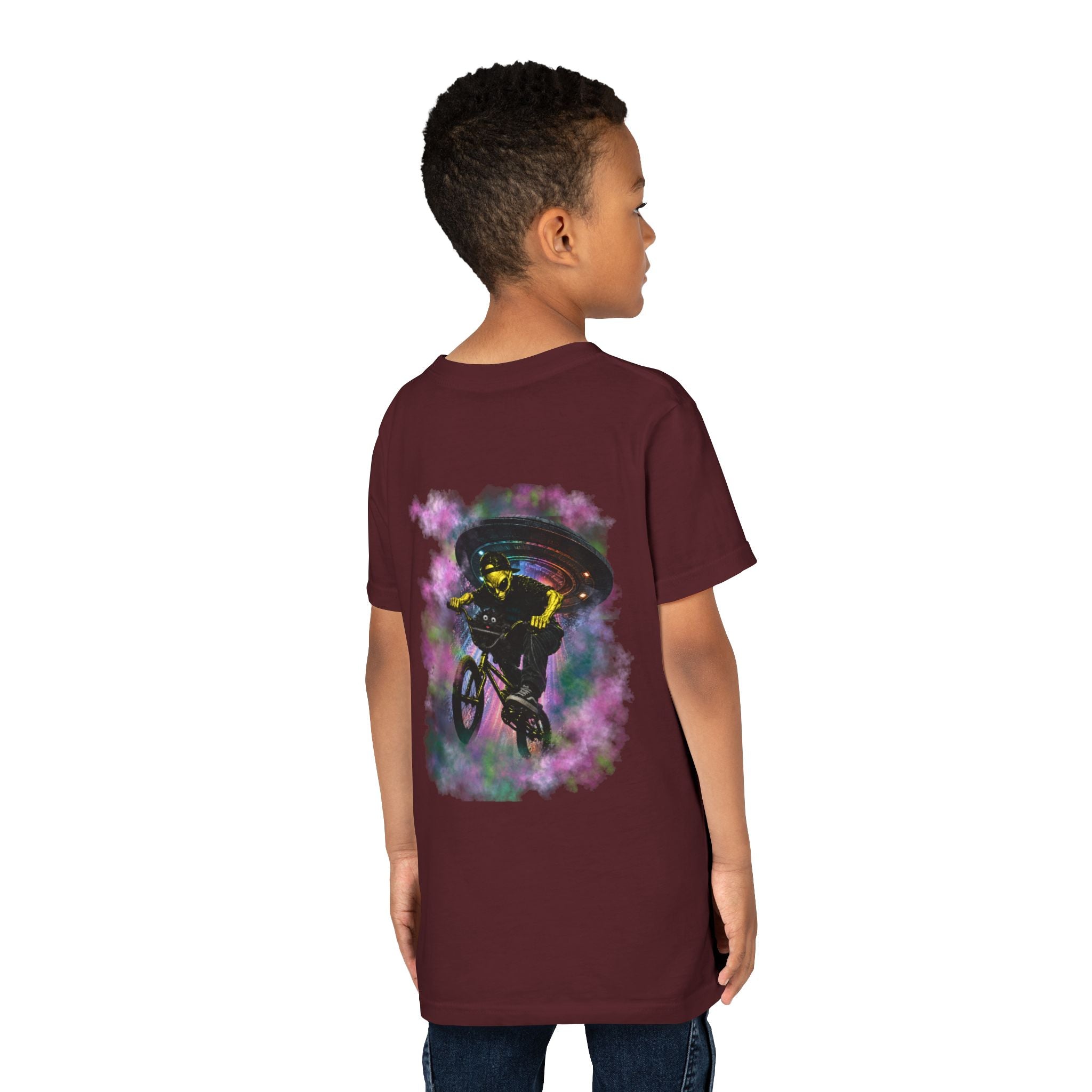Cosmic Cruise: Jinx & Nova BMX Adventure Tee | Premium Youth Alien & Cat Graphic Shirt | Cool Kids Streetwear T-Shirt | Dual-Graphic Black T-Shirt | Youth BMX Rider Tee — Colorful Cosmic Bike Stunt T-...