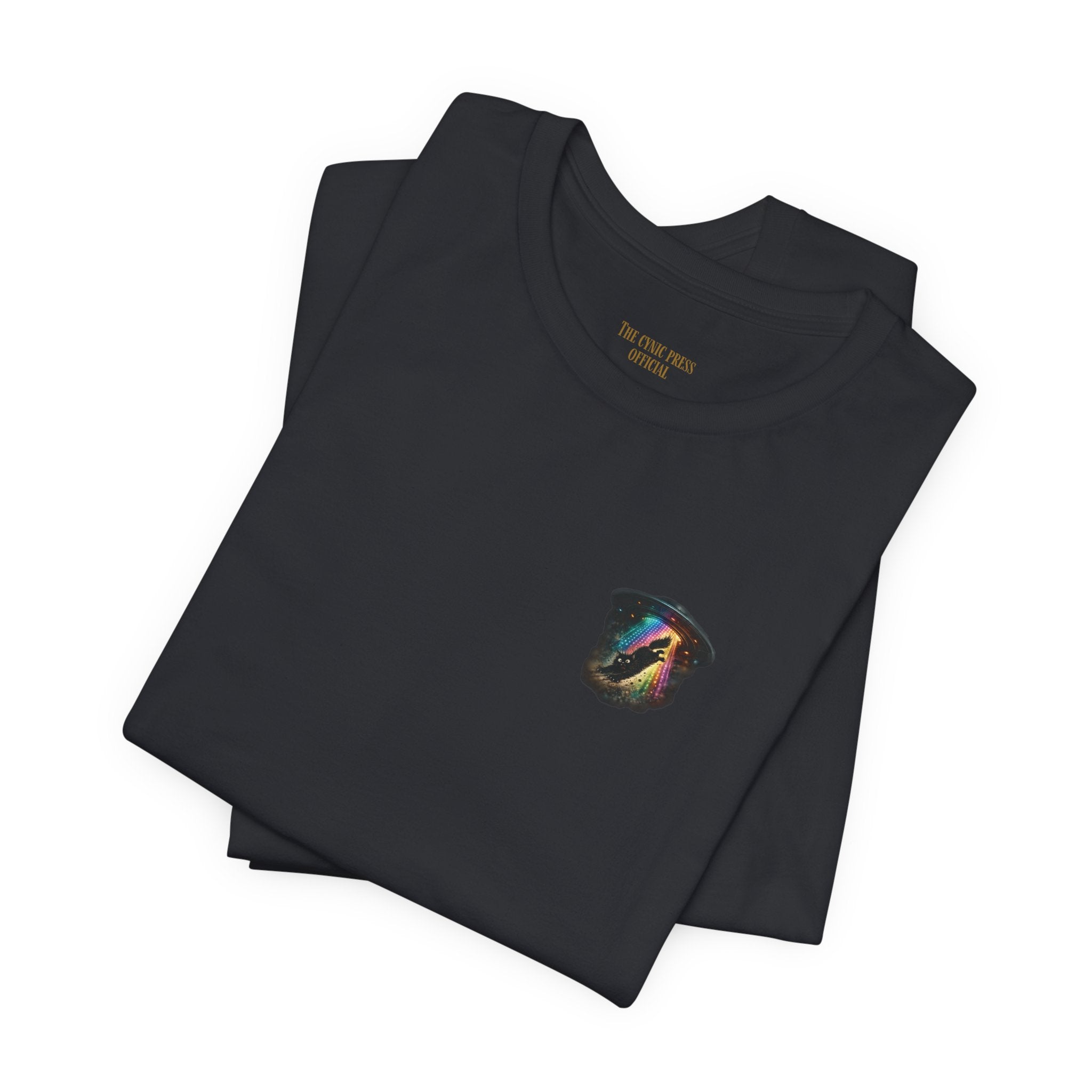 Alien BMX Cat Graphic Tee | Retro UFO Streetwear Shirt | Vintage Black Heather Graphic T-Shirt | Cosmic Skate Punk Unisex Tee | The Cynic Press Official