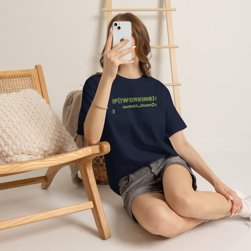 If (!Working) { Install Linux(); } Funny Programmer T-Shirt | Linux Developer Geek Tee | Coding Humor Shirt | Unisex Heavy Cotton Tee