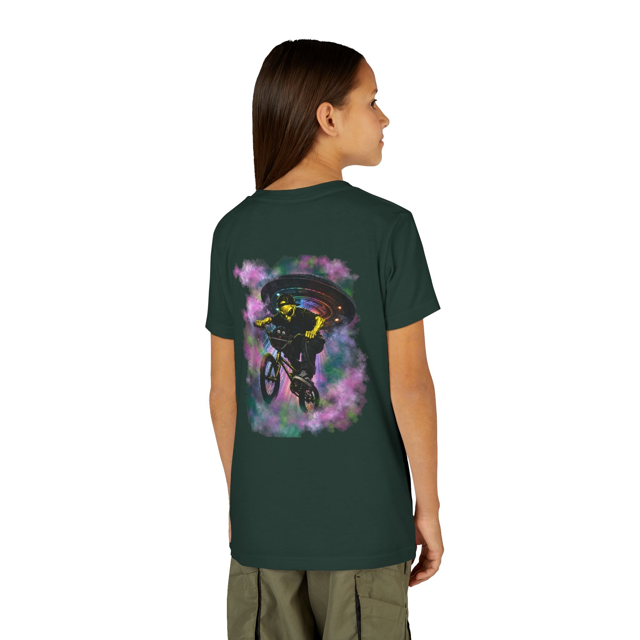 Cosmic Cruise: Jinx & Nova BMX Adventure Tee | Premium Youth Alien & Cat Graphic Shirt | Cool Kids Streetwear T-Shirt | Dual-Graphic Black T-Shirt | Youth BMX Rider Tee — Colorful Cosmic Bike Stunt T-...
