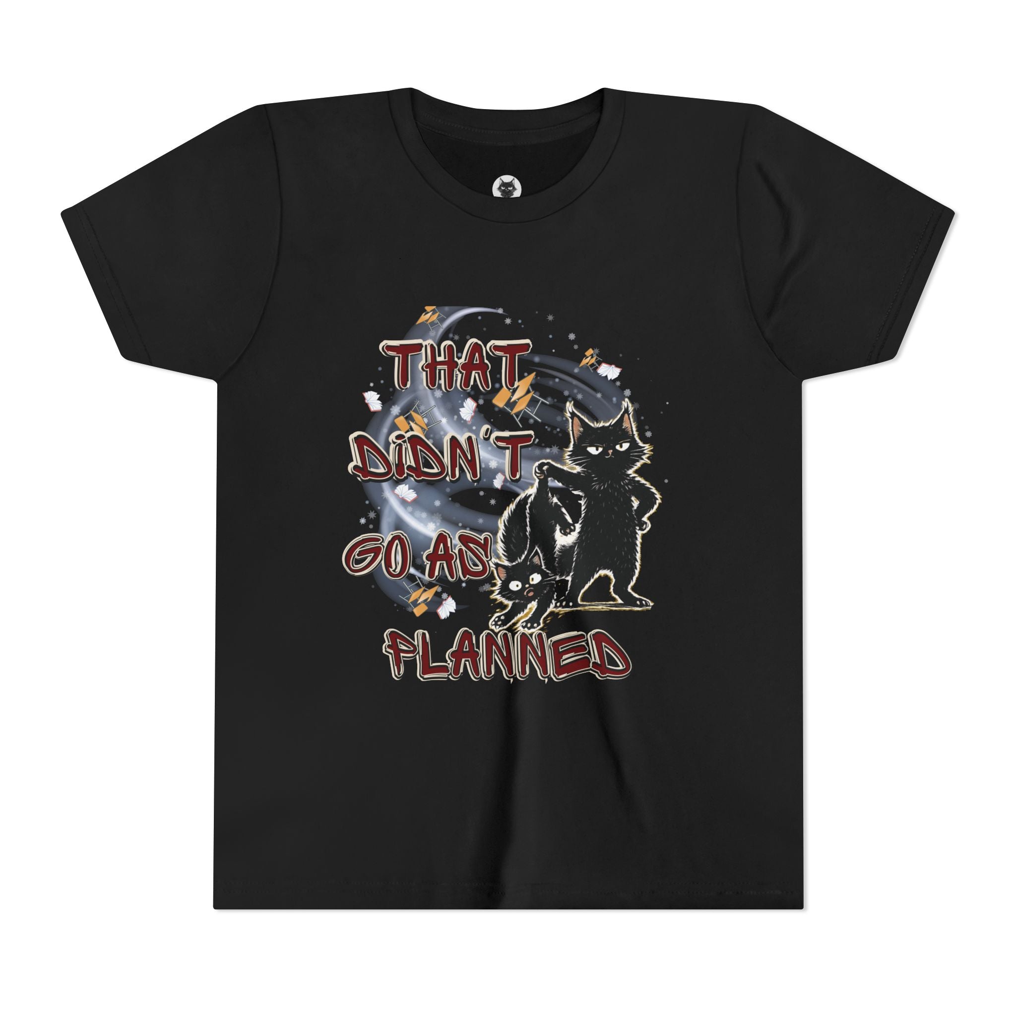 That Didn't Go As Planned Kids Graphic T-Shirt | Funny Black Cat Youth Tee | Cute Chaos Cat Shirt | Back to School Gift for Boys & Girls