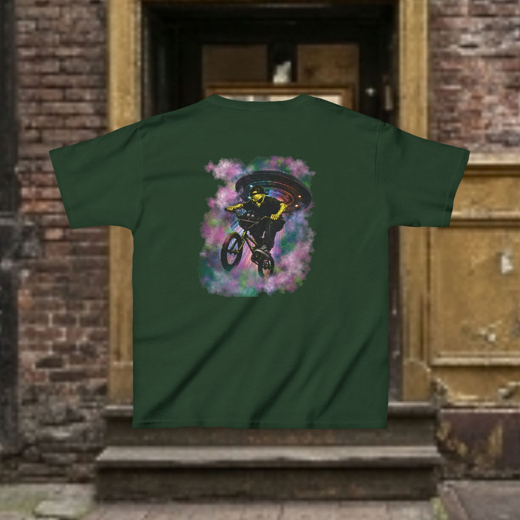 Kids Tee — Cat & Alien Friends Bike Ride with UFO Lights