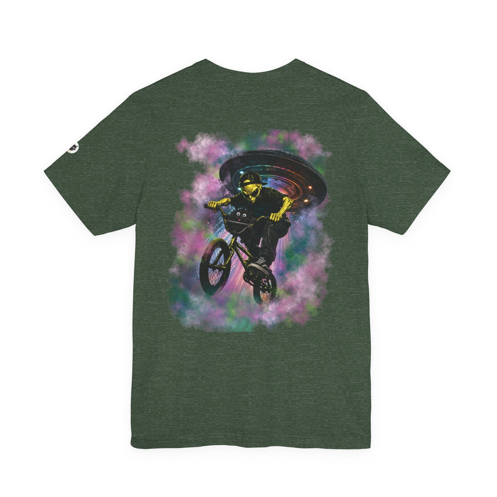 Alien BMX Cat Graphic Tee | Retro UFO Streetwear Shirt | Vintage Black Heather Graphic T-Shirt | Cosmic Skate Punk Unisex Tee | The Cynic Press Official