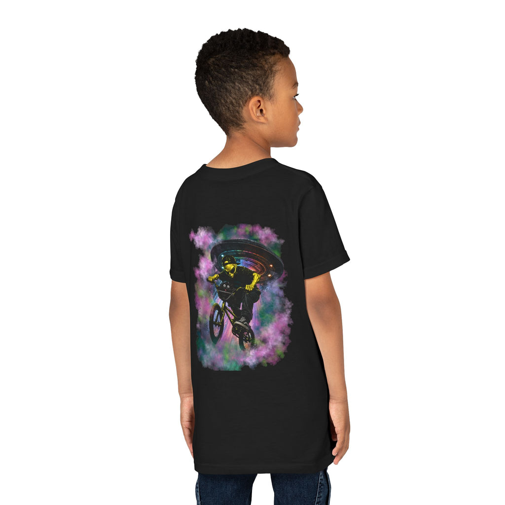 Cosmic Cruise: Jinx & Nova BMX Adventure Tee | Premium Youth Alien & Cat Graphic Shirt | Cool Kids Streetwear T-Shirt | Dual-Graphic Black T-Shirt | Youth BMX Rider Tee — Colorful Cosmic Bike Stunt T-...
