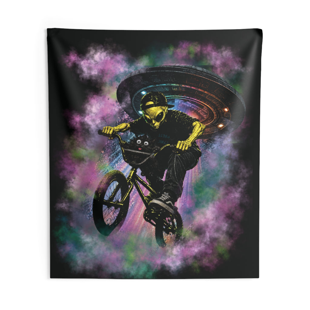 Space Cat & Alien Tapestry | UFO Adventure Wall Hanging | Cat & Friend Collection Decor BMX Alien Invasion Tapestry — Neon Skull Rider Wall Art