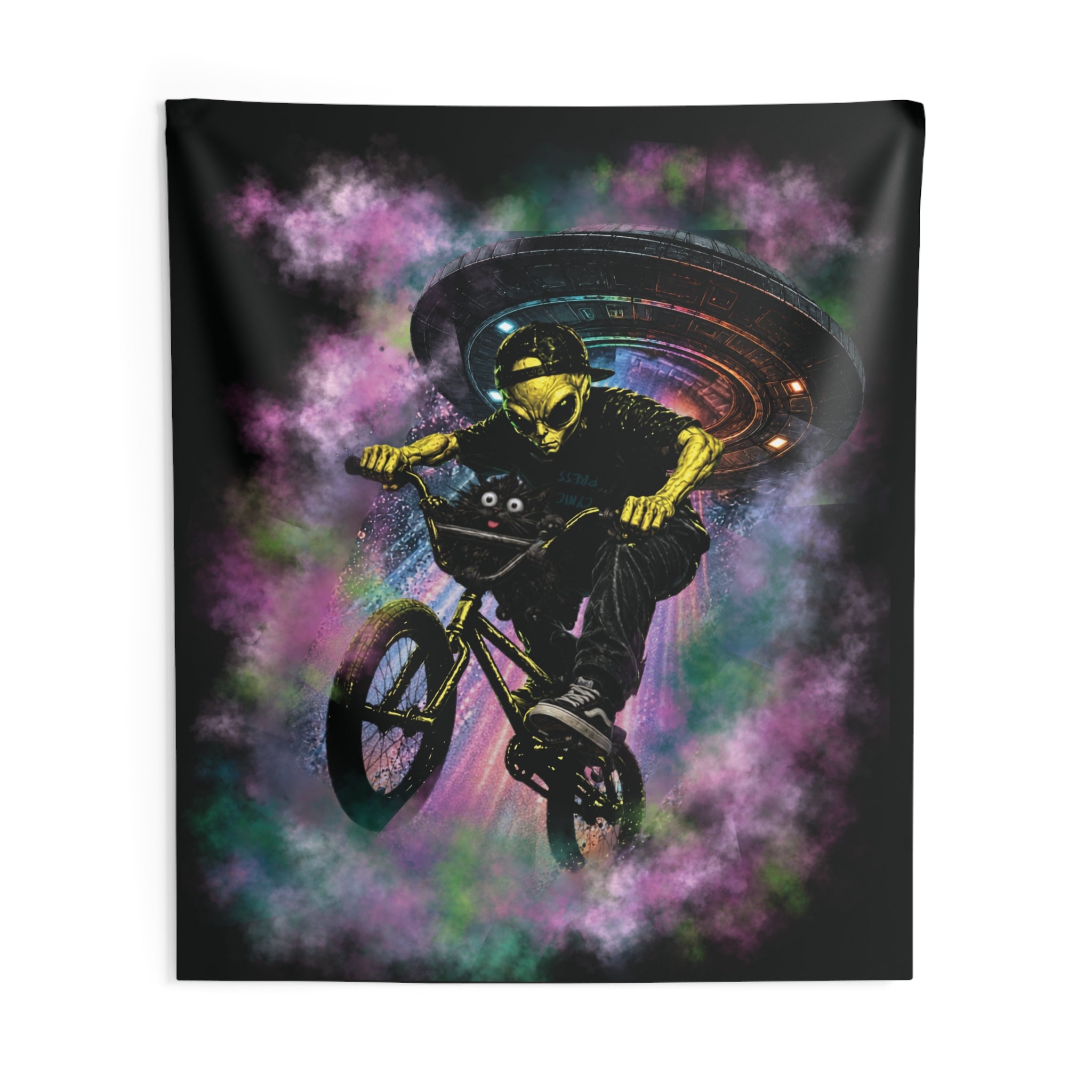 Space Cat & Alien Tapestry | UFO Adventure Wall Hanging | Cat & Friend Collection Decor BMX Alien Invasion Tapestry — Neon Skull Rider Wall Art