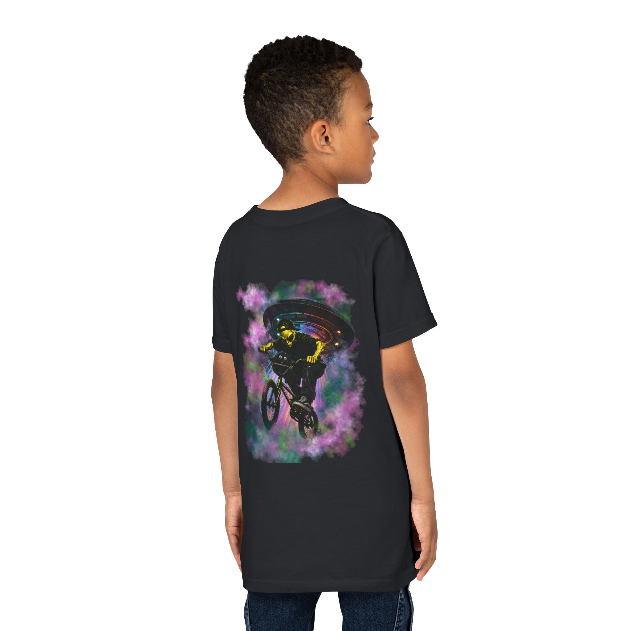 Cosmic Cruise: Jinx & Nova BMX Adventure Tee | Premium Youth Alien & Cat Graphic Shirt | Cool Kids Streetwear T-Shirt | Dual-Graphic Black T-Shirt | Youth BMX Rider Tee — Colorful Cosmic Bike Stunt T-...