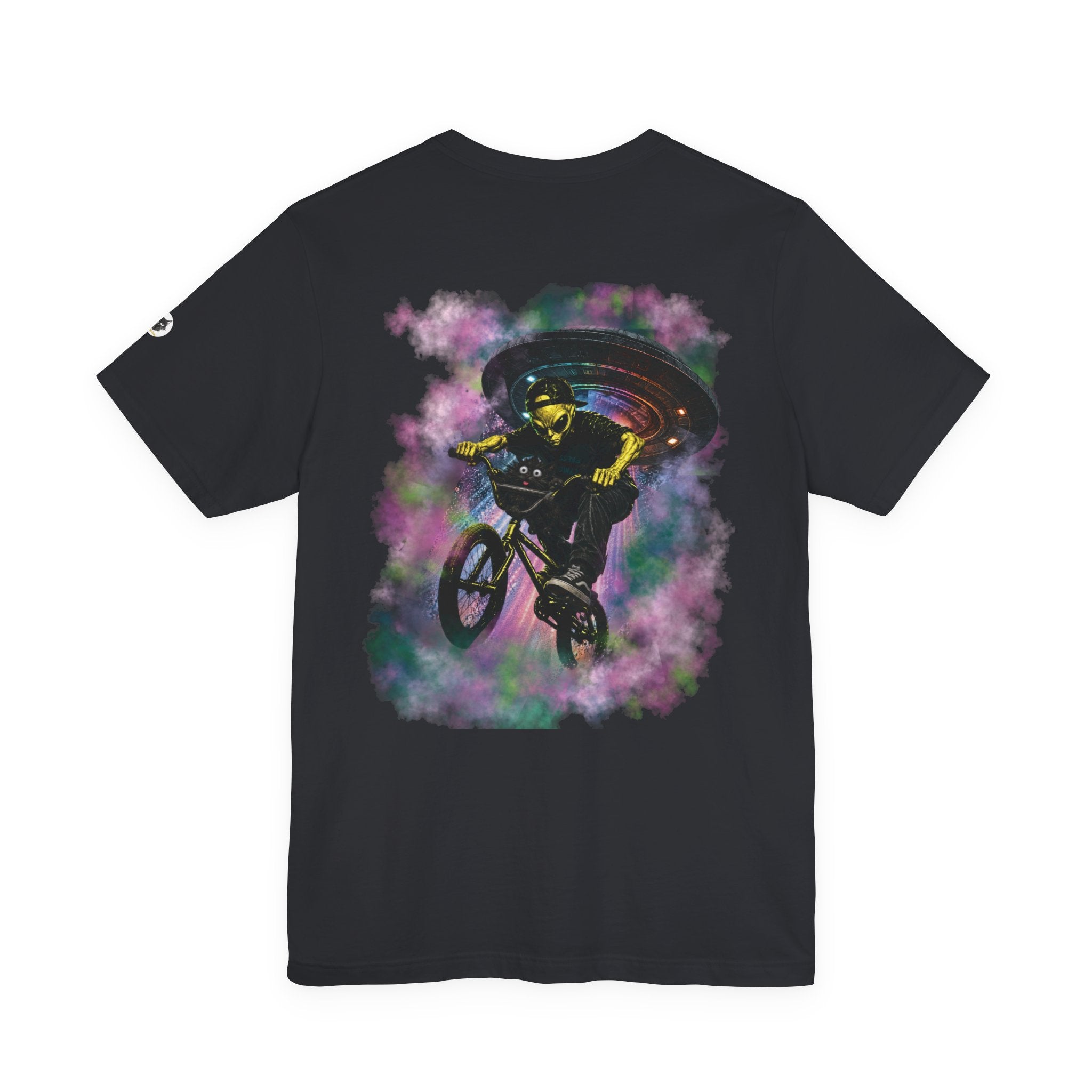 Alien BMX Cat Graphic Tee | Retro UFO Streetwear Shirt | Vintage Black Heather Graphic T-Shirt | Cosmic Skate Punk Unisex Tee | The Cynic Press Official